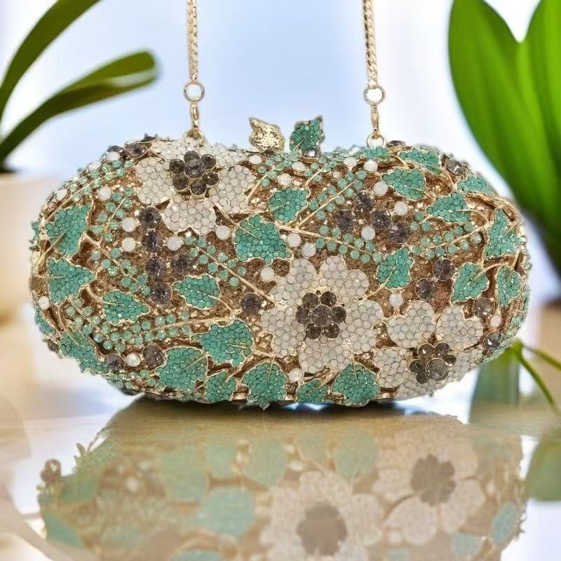 Women Bags Green - Women Green/White Crystals Clutch Evening Purse